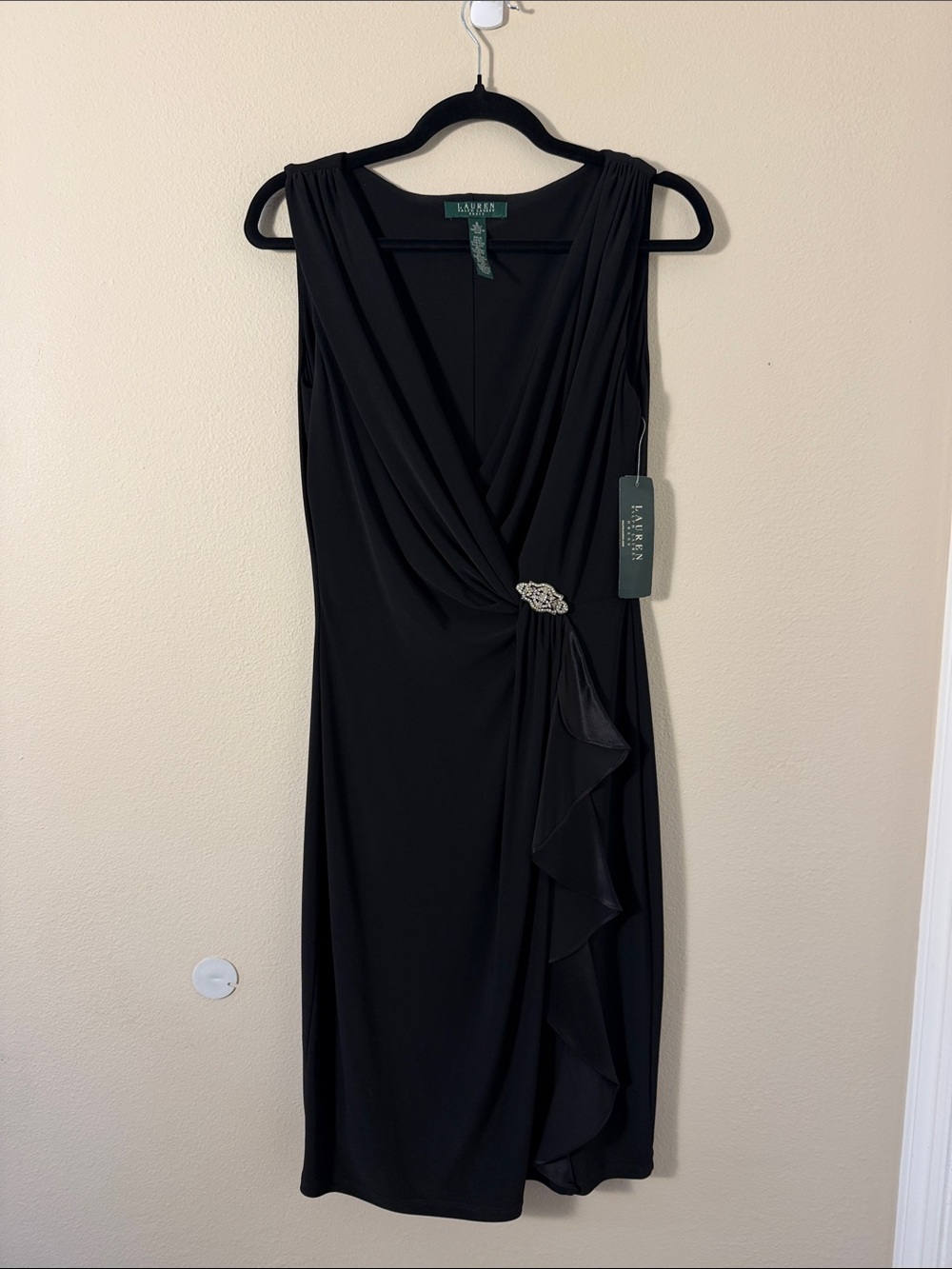 Lauren Ralph Lauren Black Sleeveless Draped Midi Dress with Brooch Size 6